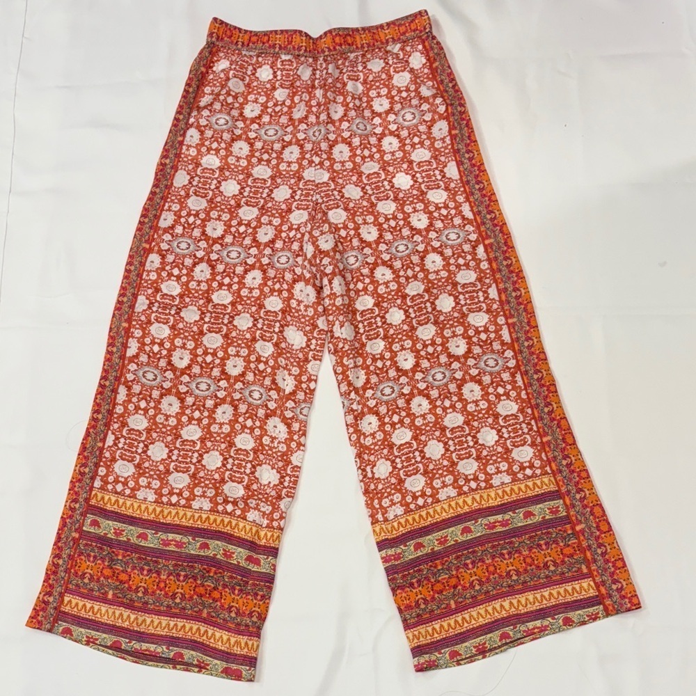 ANTHROPOLOGIE VALE SATINY WIDE LEG HIGH WAIST BOHO PRINTED PANTS SIZE M